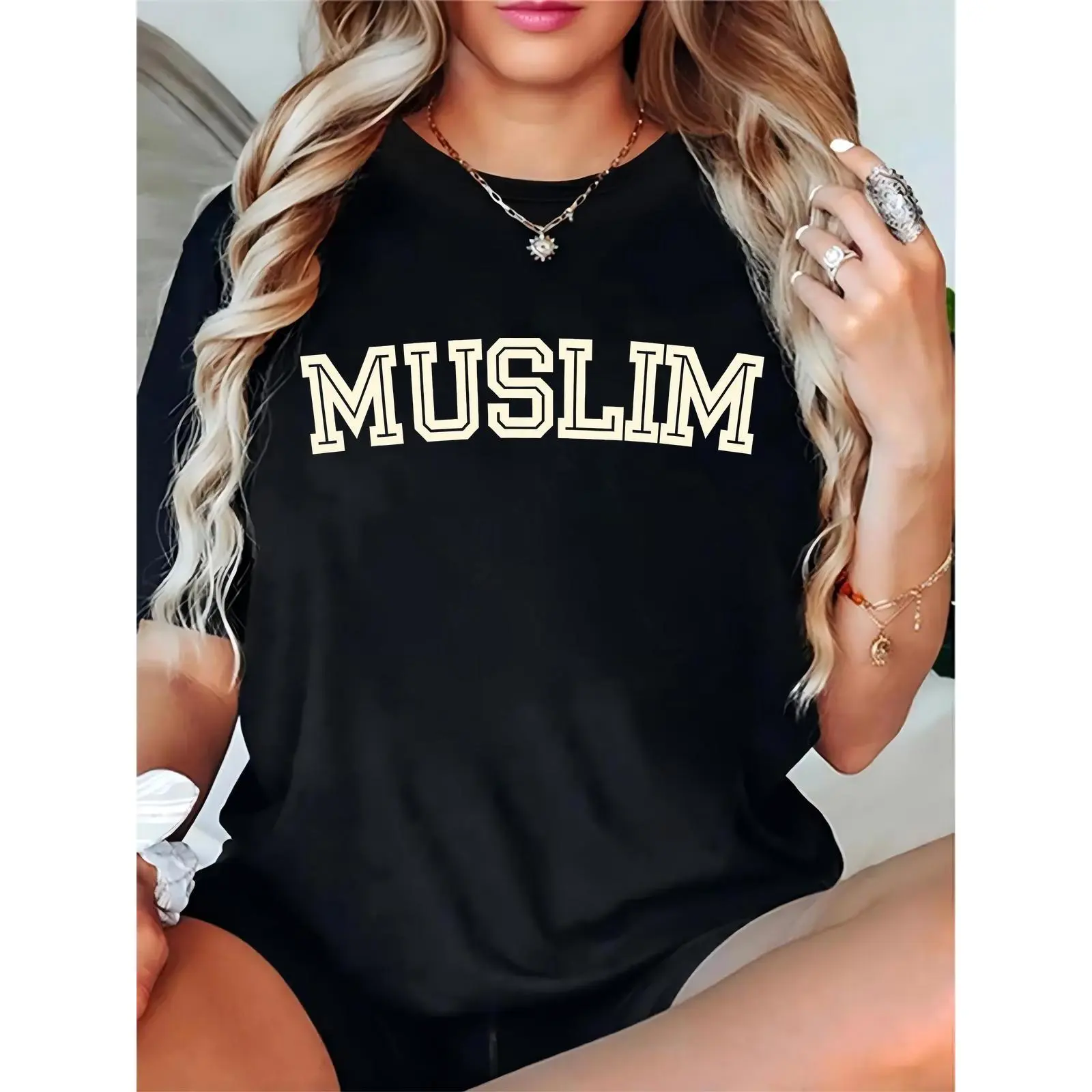 Women's Black Short-Sleeve Muslim Letter Print Cotton-Blend T-Shirt - Simple, Essential, Feminine Basic Casual Religious Top for Daily Wear & Eid Festivals