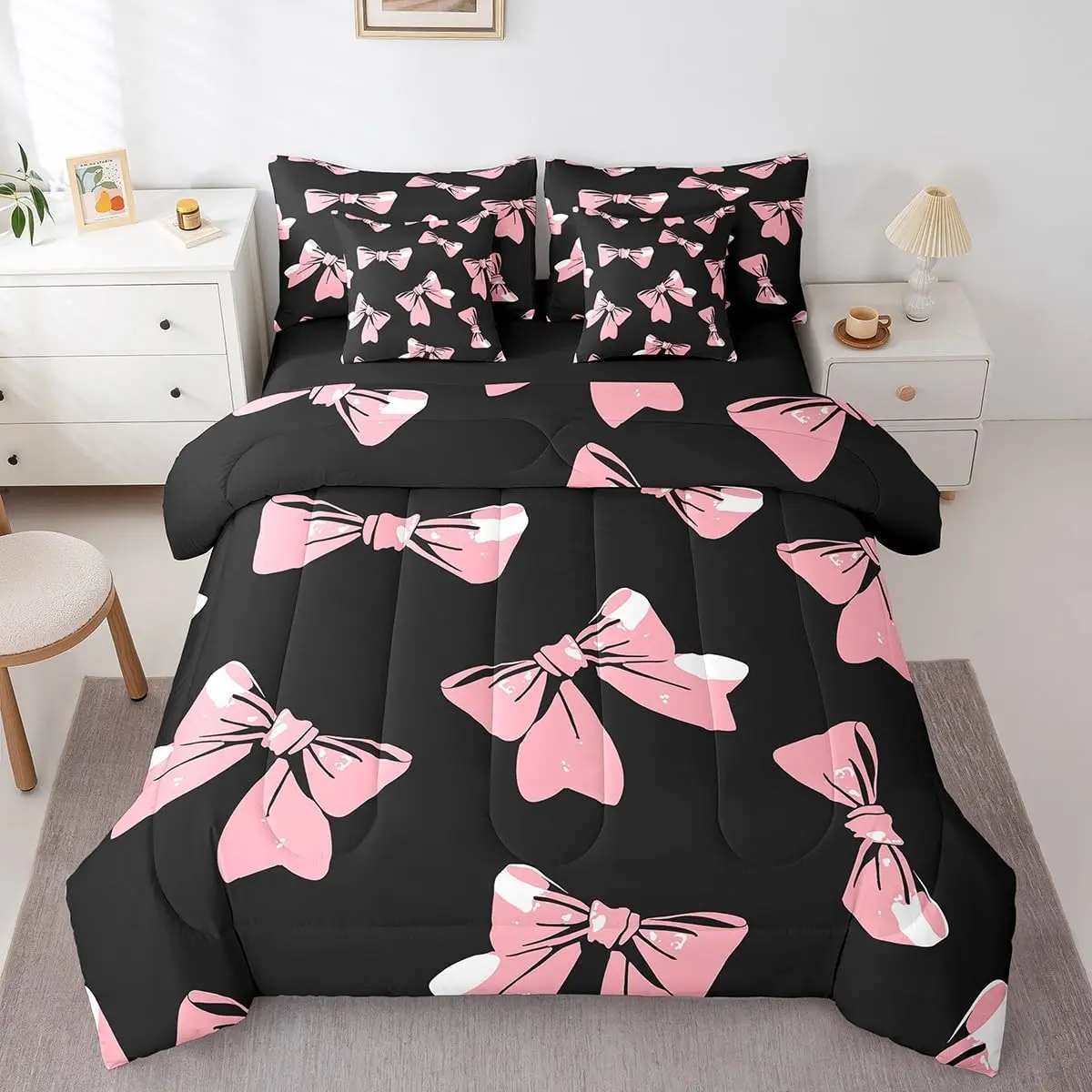 Feelyou Fairy Princess 7-Piece Bowprint Bedding Set - Black-Pink King/Queen Cuddly Microfiber Comforter in a Bag with Sheets, Pillowcases, Cushion Cover, Breathable, Durable, Machine Washable, Airdry for Cuddlesleeping (Bedding Sets Collections), Fairypri