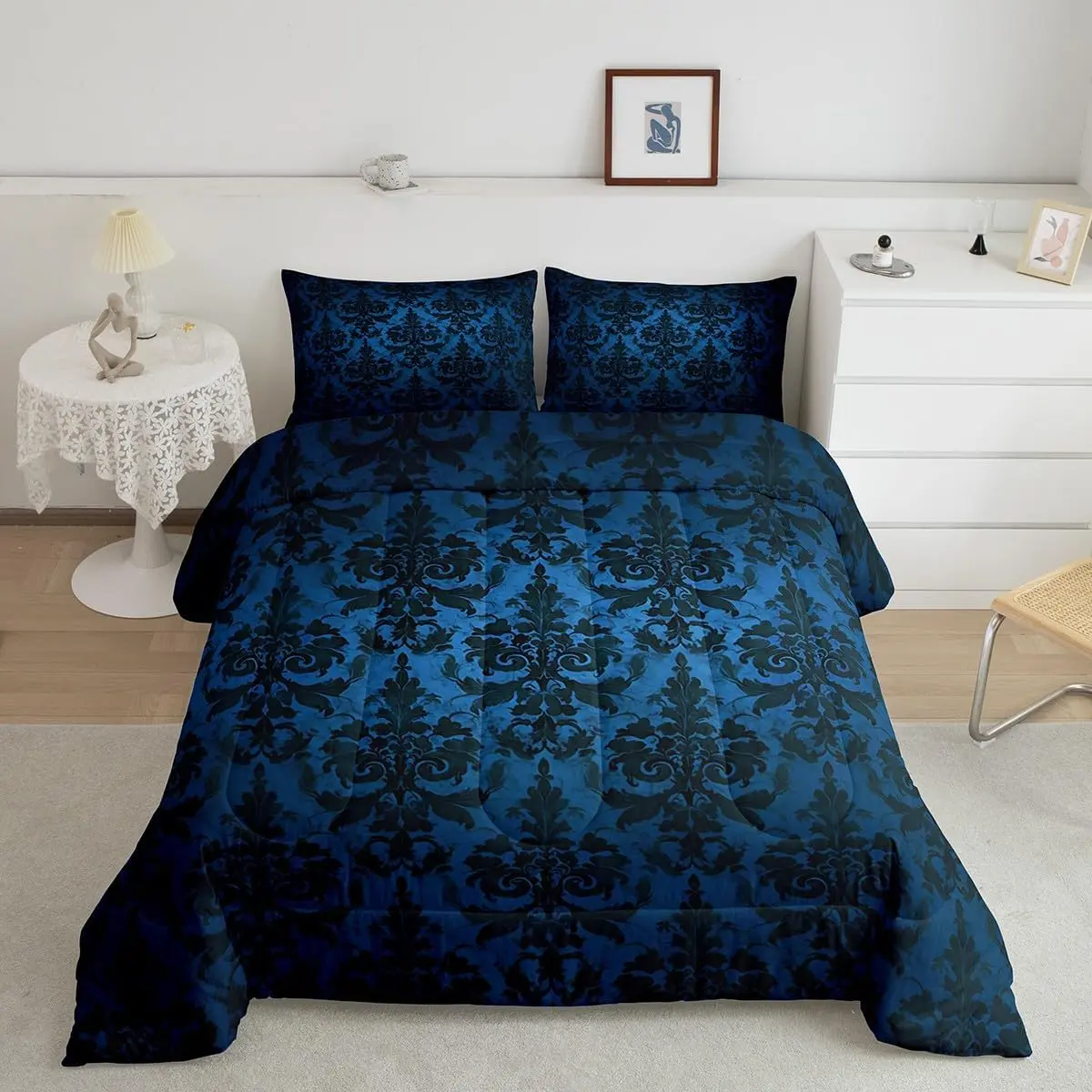 Feelyou Microfiber Black Printed Baroque Pattern Duvet Set - U-Stitching Gothic Victorian Damask Floral Boho Bedding, Soft Blue Duvet Cover for Bedroom