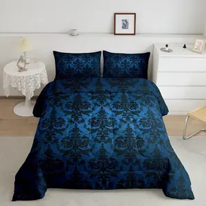 Feelyou Microfiber Bedding Set - Gothic Victorian Baroque Goth Style, Black Damask Floral Bohemian Decor, Blue Comforter-Included Bedding Set