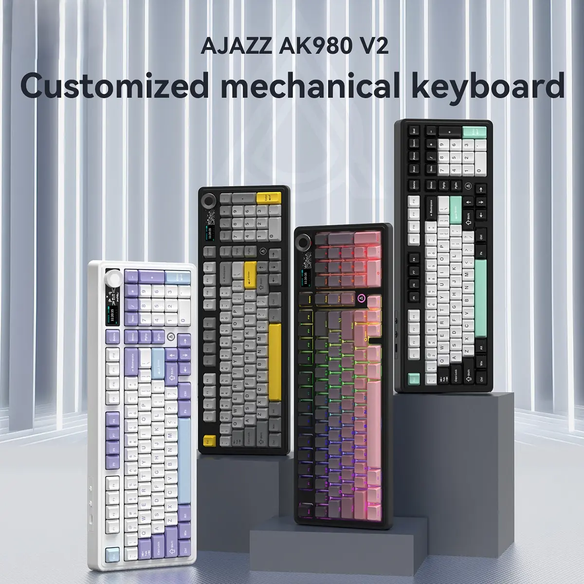 AJAZZ AK980 V2 Lighted Mechanical PC Gaming Keyboard - 98% Layout, 10000mAh Battery, Hot-Swappable V2 Switches, Screen Display, Backlighting, Knob, Bluetooth+USB-C, 2.4GHz, Multi-Device Connectivity, Durable, Win/Mac Compatible, Black, Lighted Mechanical