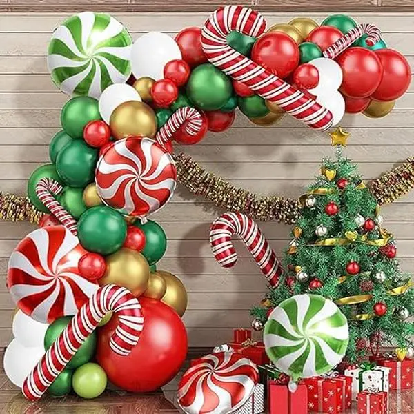 126 PCS Red Green White Christmas Balloon Garland Arch Kit, Christmas Party Balloons Candy Cane Balloon Arch Kit