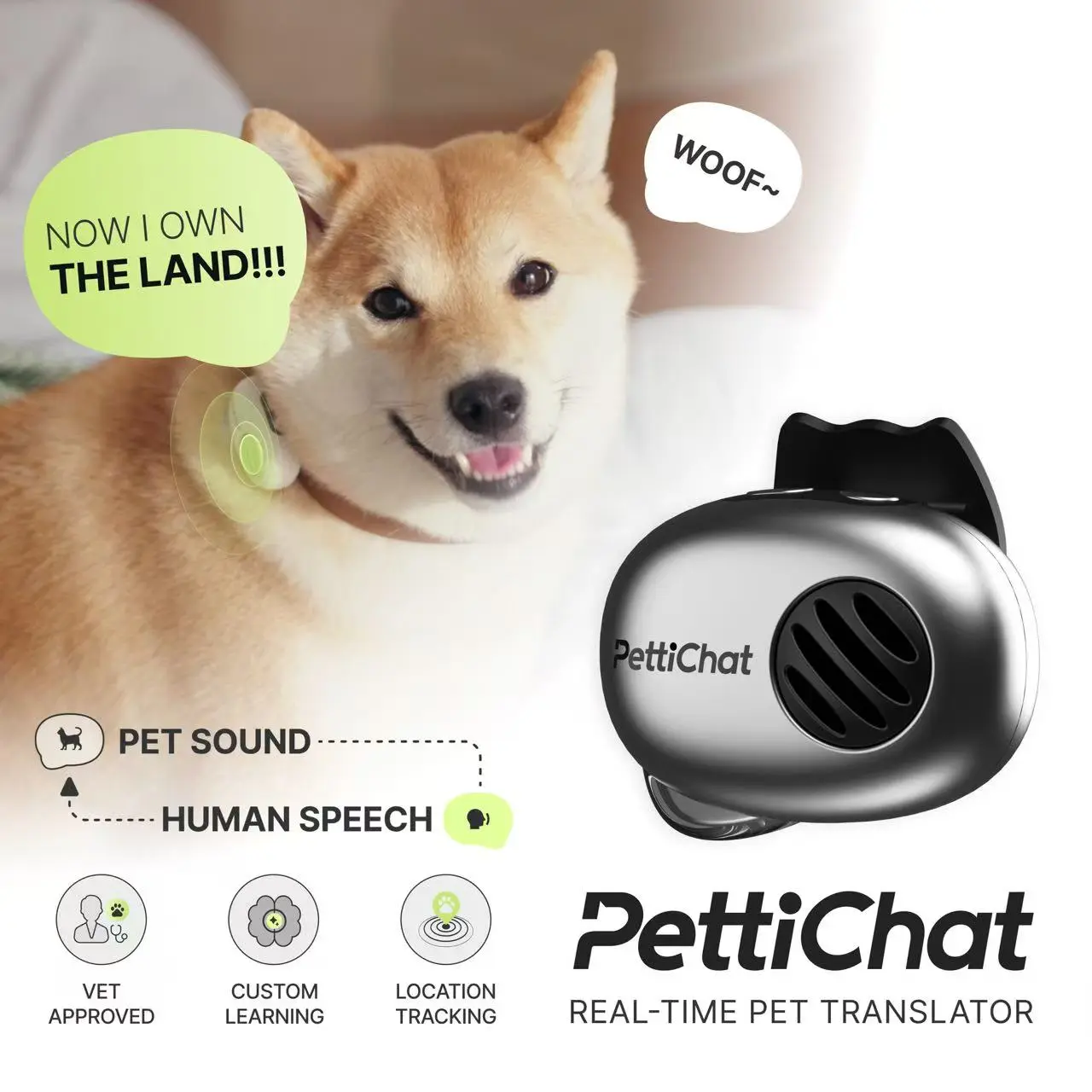 PettiChat Pet Translator Collar for Cats & Dogs – Real-time voice translation, hybrid location tracker, IP65 waterproof, lightweight AI communicator (27.2 g) with interactive conversation, magnetic charging system, portable and easy charging