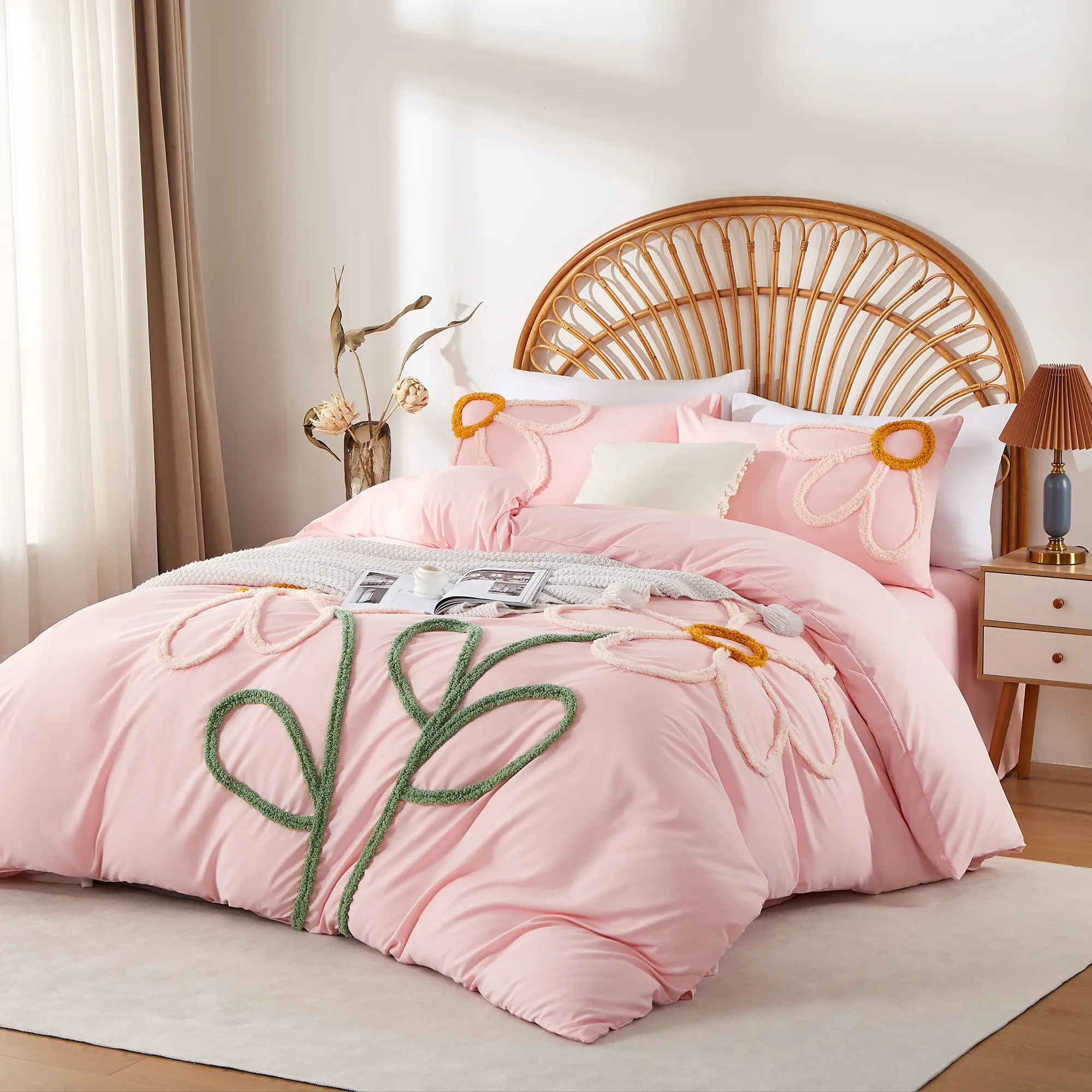 Little daisy pattern Duvet Cover Set, Boho Tufted Comforter Sets with Zipper Closure, Including1 Duvet Cover & 1/2 Pillowcase without Filler, Soft Comfortable Bedding Set for Home Bedroom Microfiber Bed Set Comfy Bed Sets