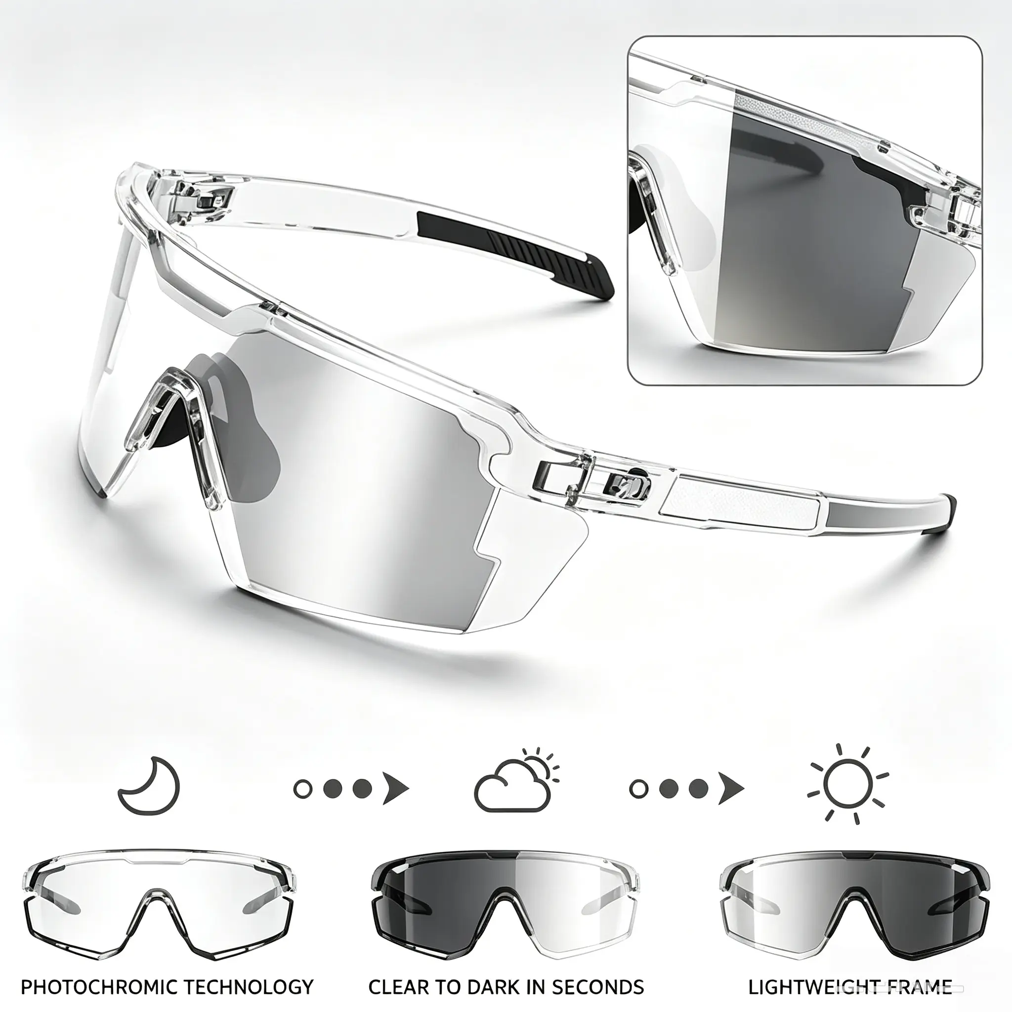 Photochromic Cycling Glasses, Auto Darkening Sports Sunglasses for Men Women, UV Protection Windproof Glasses for Running Hiking Golf