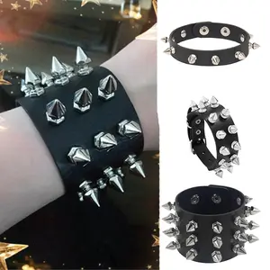 FASHION - Punk Bracelet for Men Women Goth Black Leather Wristband with Metal Spike Studded Spike Rivets Cuff Bangle Adjustable