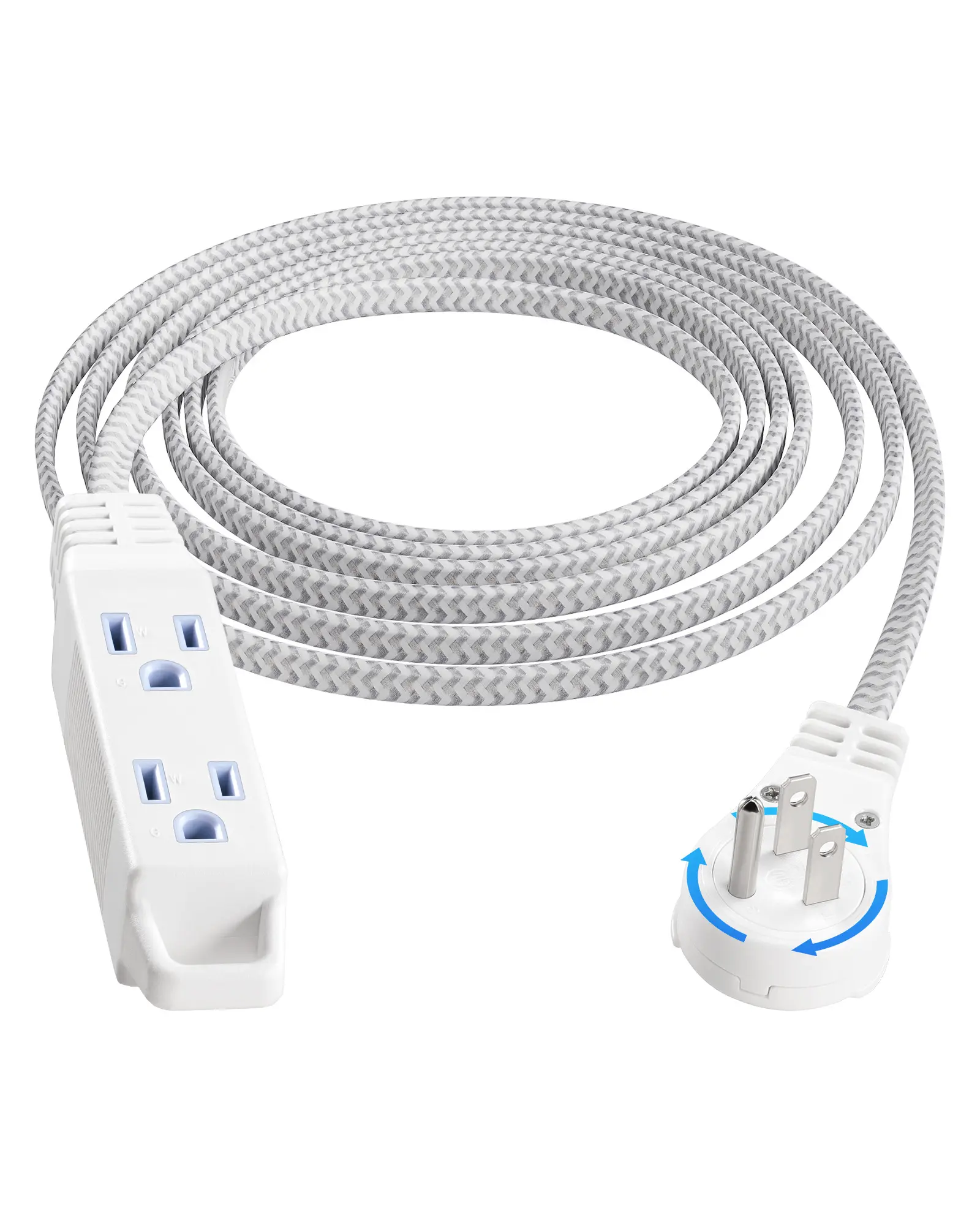 SURAIELEC 10FT 360° Rotating Flat Plug Extension Cord Flat Wall Plug with 3 Outlets, Braided Flat White Extension Cord for Indoor Use, Home, Office, 16/3C SPT, ETL Listed