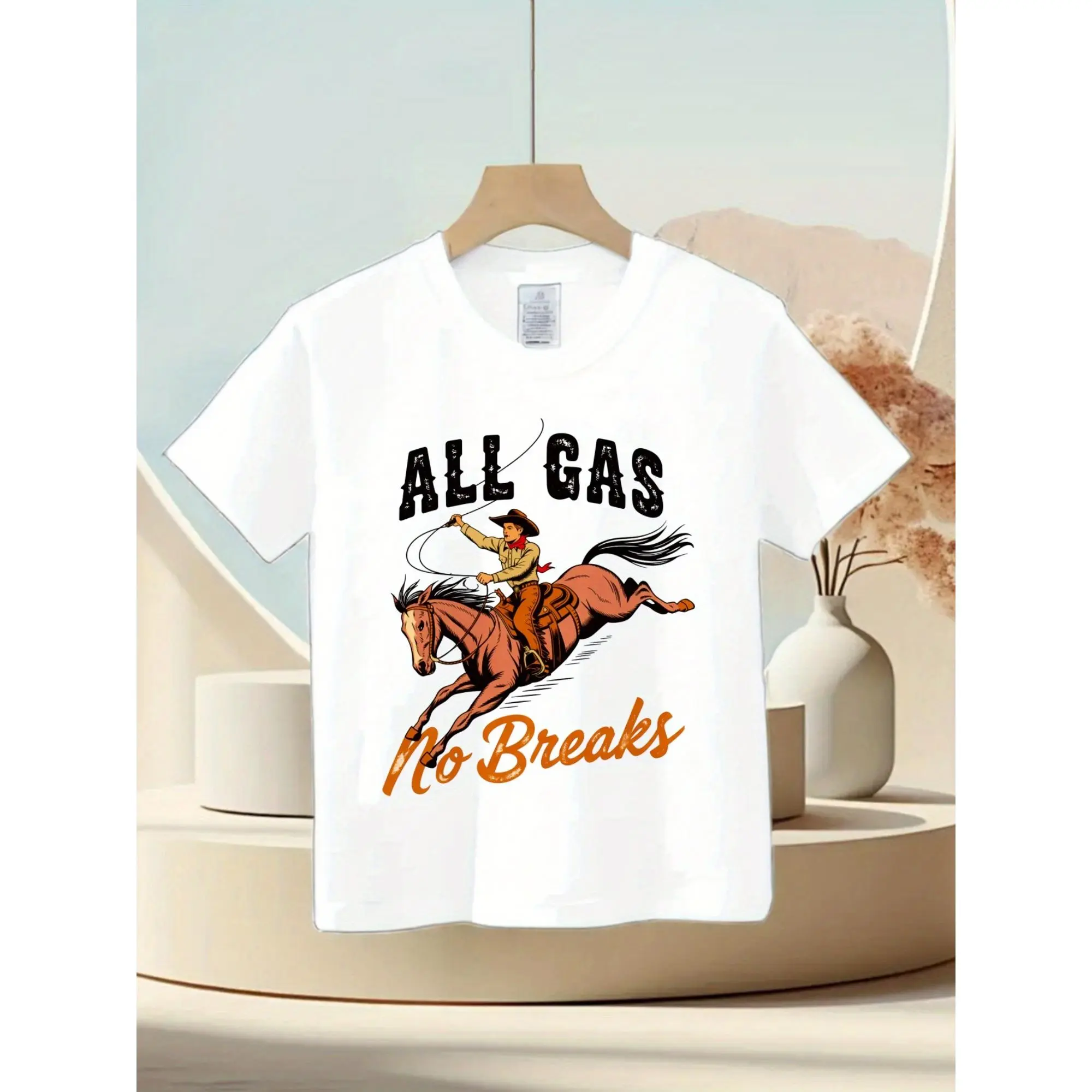 Boys' Cotton Fitted Fit Cowboy T-Shirt, Slight Medium Stretch Fabric, White Short Sleeves, Round Neck, "All Gas No Breaks" Cowboy Graphic, Casual Spring & Summer Wear, Perfect for Outdoor Activity