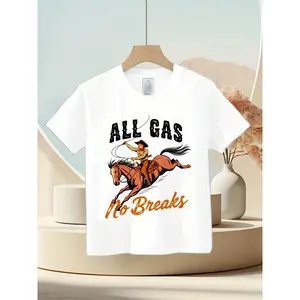 [Cowboy T Shirt] Medium Stretch Fabric Boys' White T-Shirt with "All Gas No Breaks" Cowboy Graphic - Short Sleeve, Round Neck, Casual Wear for Spring & Summer, Perfect for Outdoor Activities