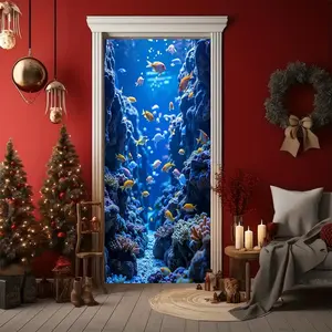 1PC Reusable 2D Flat Ocean World Underwater Print Polyester Banner - Party Decor, Ornaments, Underwater Corals & Tropical Fish Wall Cloth for Birthday & Christmas Home Door Background Decor