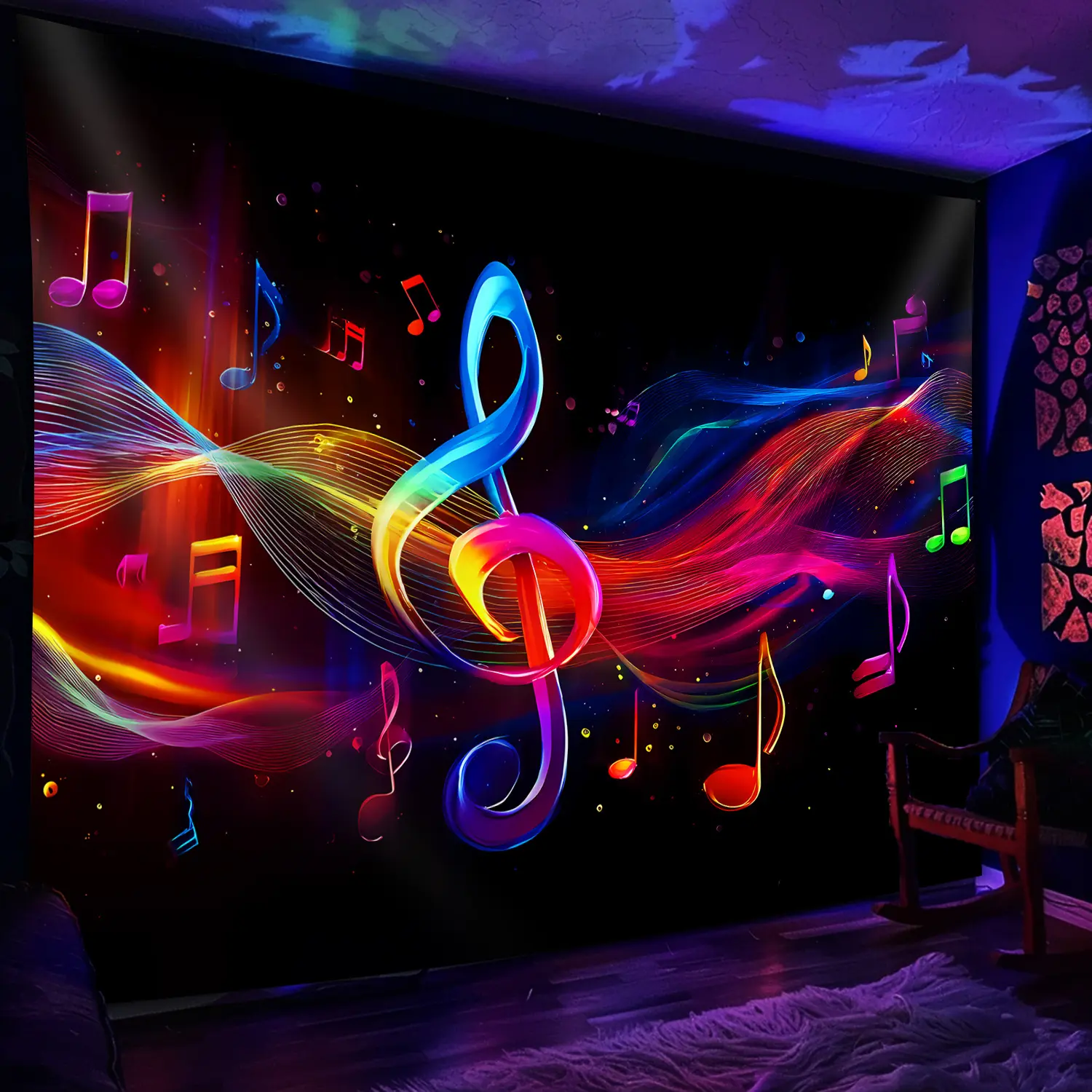 1 Piece Luminous Musical Note Artistic Tapestry - UV Reactive Fluorescent Wall Decor, Treble Clef & Geometric Pattern, Large Peach Beige Anti-Wrinkle Hand-Sewn Fabric, No-Install Music Wall Art for Bedroom, Party Decor, Tapestries, Artistic Tapestry Tapes