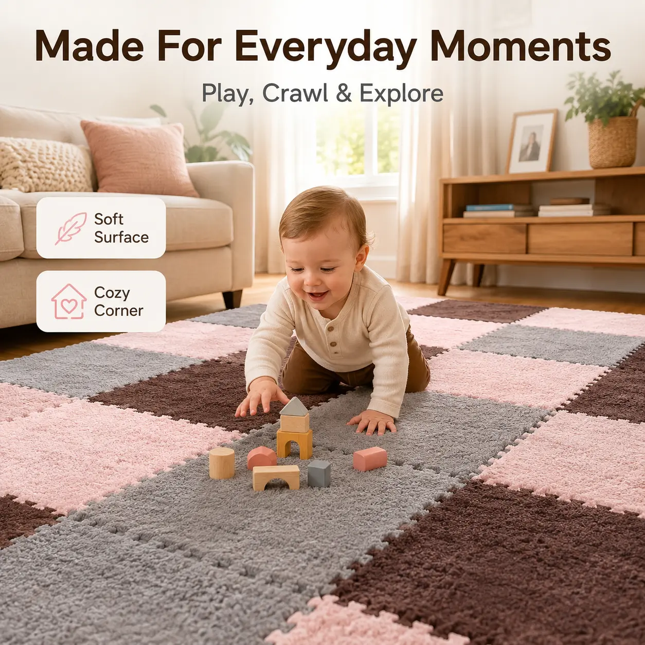Plush Interlocking Baby Play Mat Tiles, 12 Piece Soft Puzzle Floor Mat for Nursery, Cozy Play Area Rug for Kids Room, Mix & Match Colors, Modern Home Decor Style