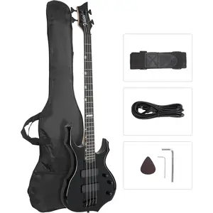 GLARRY Electric Bass Guitar 4 Strings Buring Fire Style HH Pickups for Beginner Adults Right Hand Amp Cable, Bag, Strap and Cord (Black)