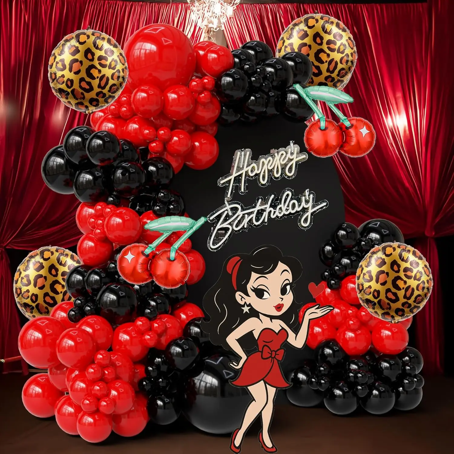 122PCS Cheetah Printed Balloon Arch Garland Set - Large Foil, Multi-Size Black, Red Leopard Print, Cherry-Themed Decorations, 18" Balloons, Letters for Cheetah Birthday, Housewarming, New Year Party Decor, Elastic Band, Square