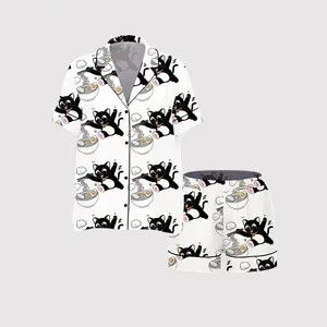 Funny Cat Ramen Pajama Set, Meow Noodle Print Sleepwear, Short Sleeve Satin Top, Elastic Waist Shorts, Cute Lounge Outfit Gift