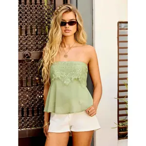 Cider Chiffon Floral Lace Shirred Cropped Bandeau Top SummerWins Dealsforyou