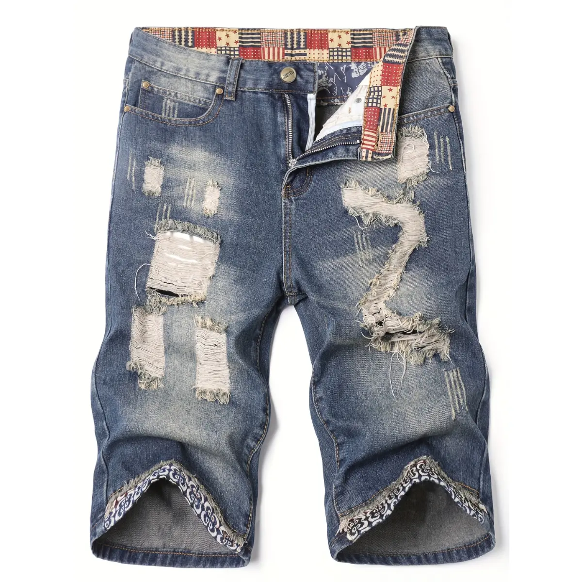 Men's vintage style washed distressed shorts five-point pants with zipper and button, ripped double design, suitable for summer wear