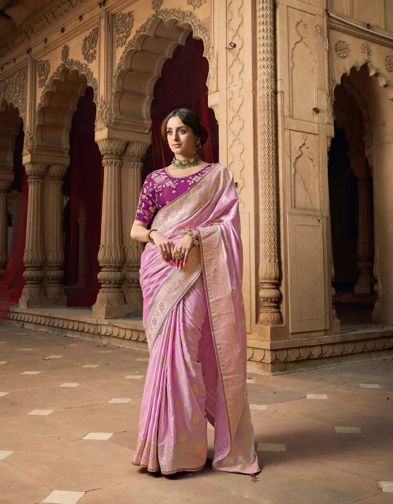 Pink Satin Silk Contrast Saree