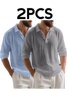 2-Pack Men's Linen Plain Polo Shirts Tops, Loose Fit Long Sleeve, Breathable Classic Business Casual, All-Season Wear, Ideal for Daily & Light Business Use, Menswear