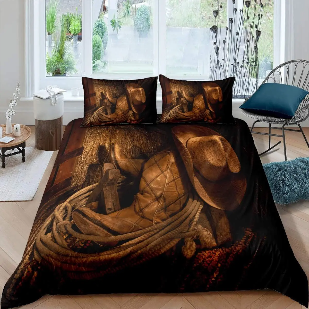 Feelyou Microfibre Cowboy Print Duvet Cover Set - Full-Queen Size, Rustic Western Decorative Bedding Set, Farmhouse Vibe, Smooth Breathable Texture, Machine Wash, Luxury Bedroom Decorative, Protects Quilt Core, 2 Pillow Shams Included, No Comforter
