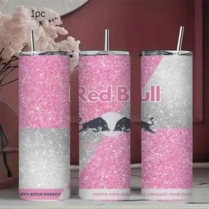1pc 20oz Stainless Steel Insulated Mug, Red Bull Themed Glitter Water Bottle | 4 Girly Colors, with Clear Sliding Lid and Straw, Suitable for Outdoor and Indoor Gym Use, Personalized Birthday/Holiday Gift, Insulated Travel Drinkware