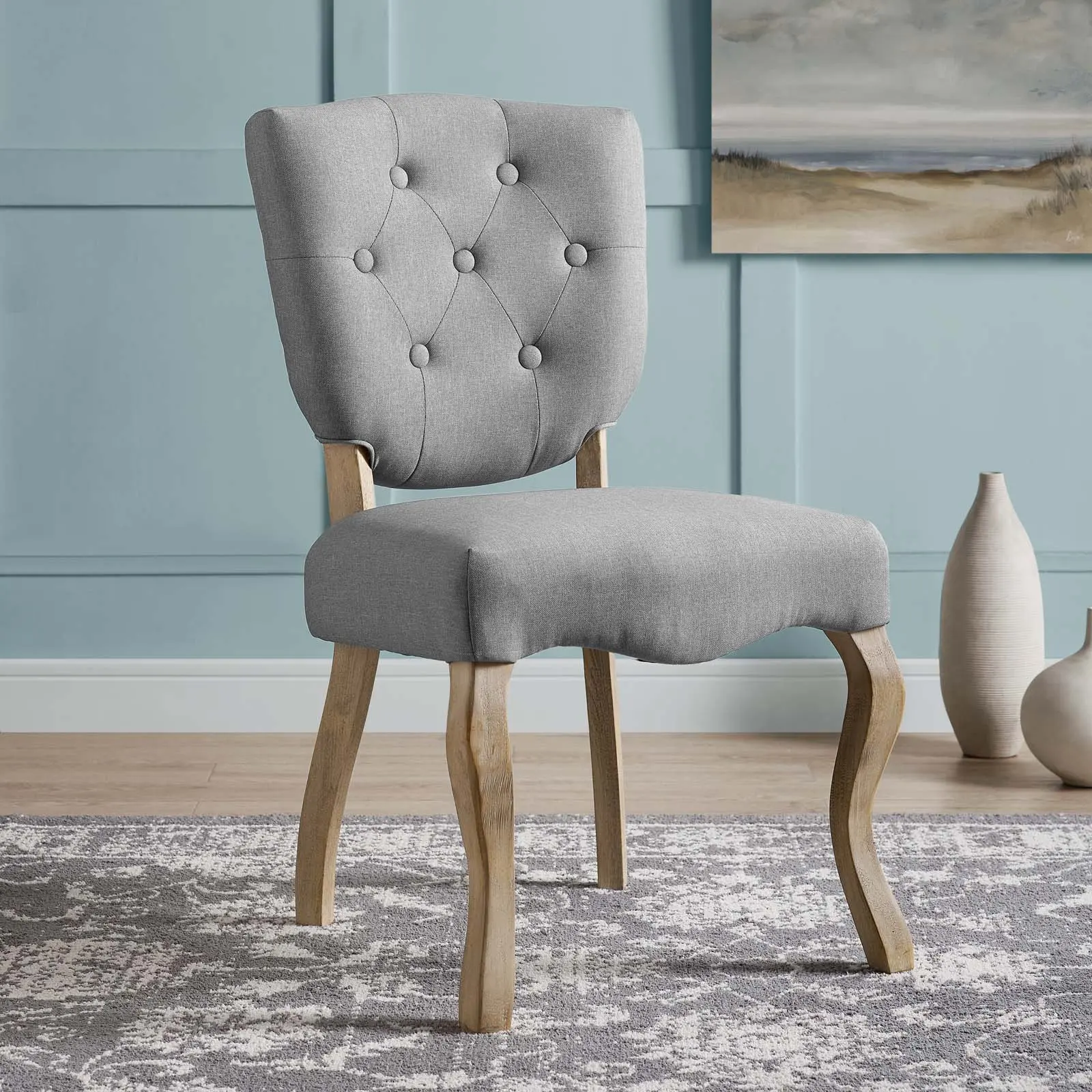 Modway Array Vintage French Upholstered Wood Dining Side Chair - Light Gray, Antique Style Dining Room Furniture