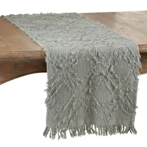 SARO  16 x 72 in. Oblong Waffle Weave Table Runner with Fringe Design