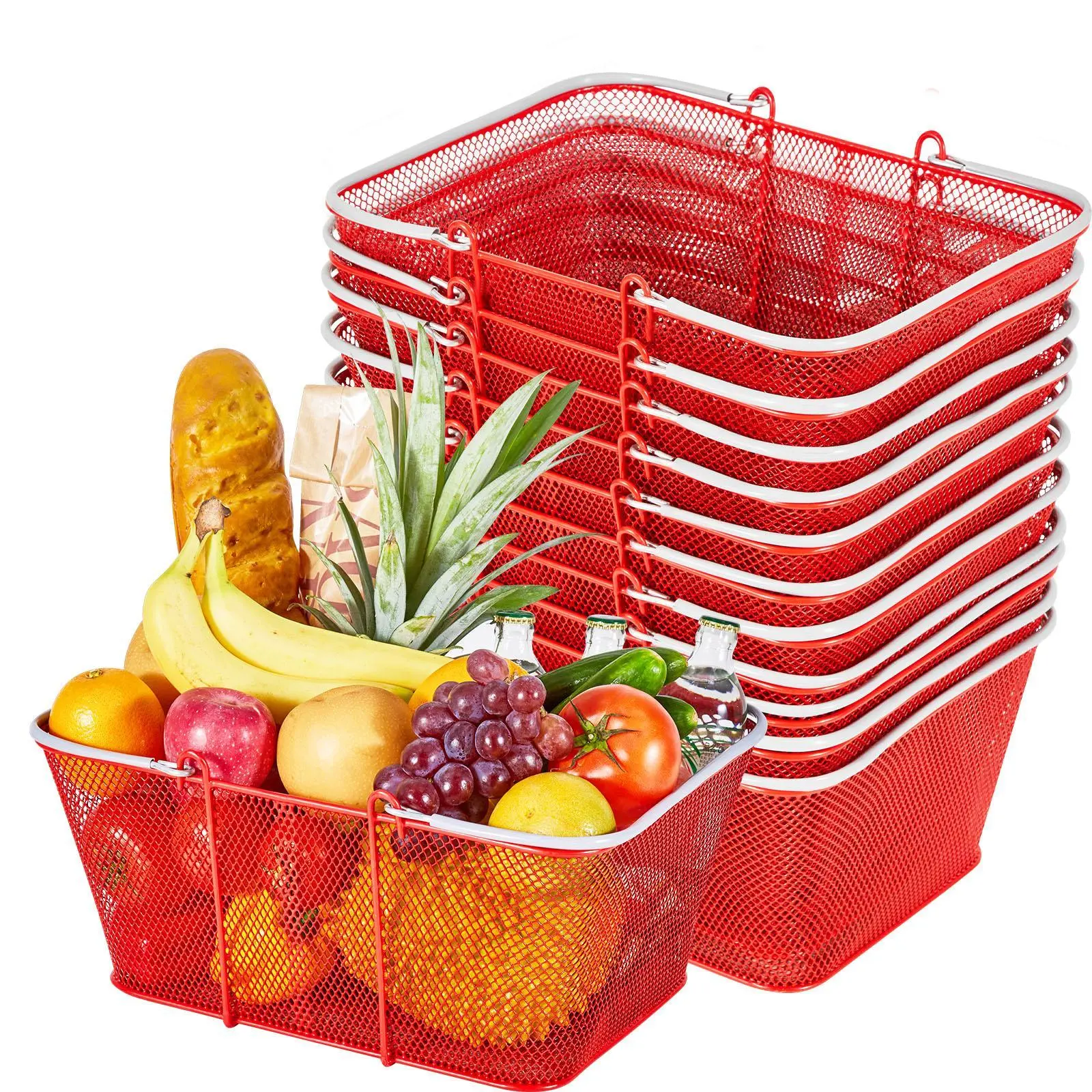 【Auction】VEVOR 12-Piece Rectangular Hollow Stackable Wire Storage Basket Set, 22L Organizer with Handles, Dense Mesh Structure, 44 lbs Capacity, Portable for Home, Grocery Stores