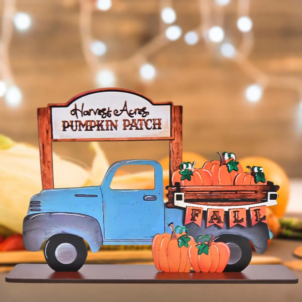 Wooden Pumpkin Car Decorative Ornament, Farm Themed 8in Wooden Decorative Ornament, Rustic Fall Harvest Festival Home Room Holiday Decoration, Halloween