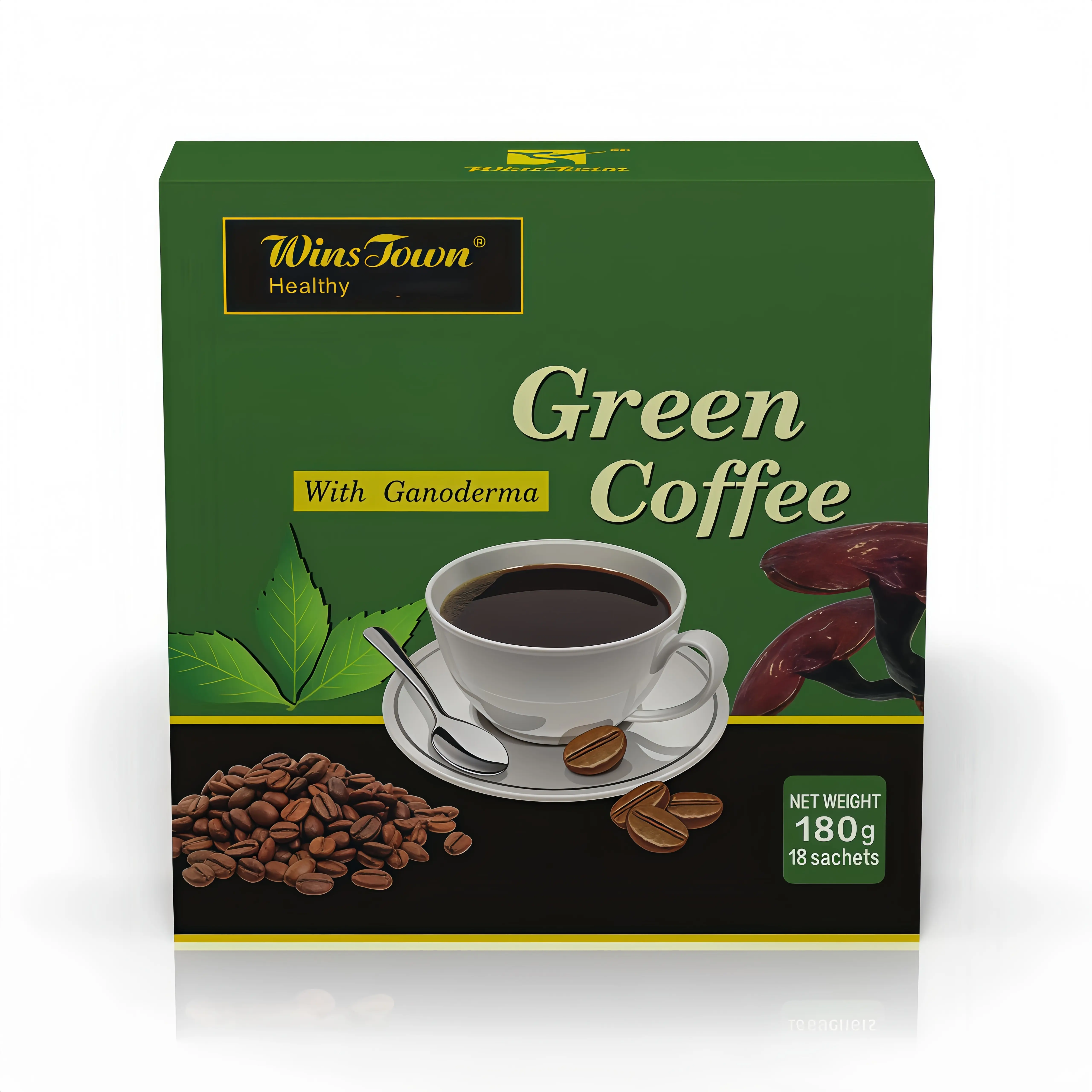 WinsTown Sugar-Free Green Coffee Bean Extract Powder Coffee Drink Mix, 180g (18 Single Serve Sachet) , Natural Herbal Blend Supplement , Low Fat Daily Energy Instant Coffee Beverage, 24-Month Shelf Life, Cupboard Storage