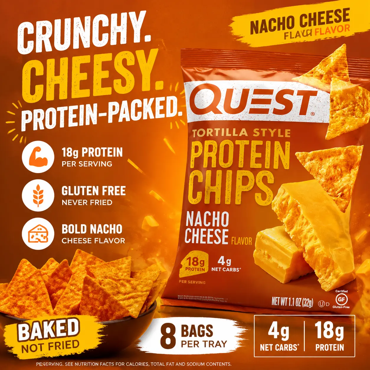Quest Protein Chips Nacho Cheese 1.1 oz 8 Count  High Protein Tortilla Style Chips | Cheesy Low Carb Snack for Active Lifestyles