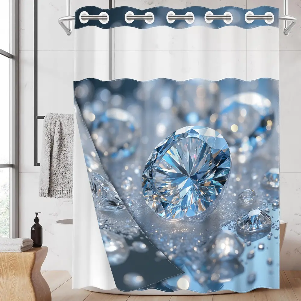 1PC/4PCS 2D Flat Printing Close - up of Blue - White Water Drop Diamond Patterned Decorative Shower Curtain, home bathroom decor, shower curtain set with 12 hooks, non-slip bathroom rug, U-shaped toilet seat cover, toilet seat mat.