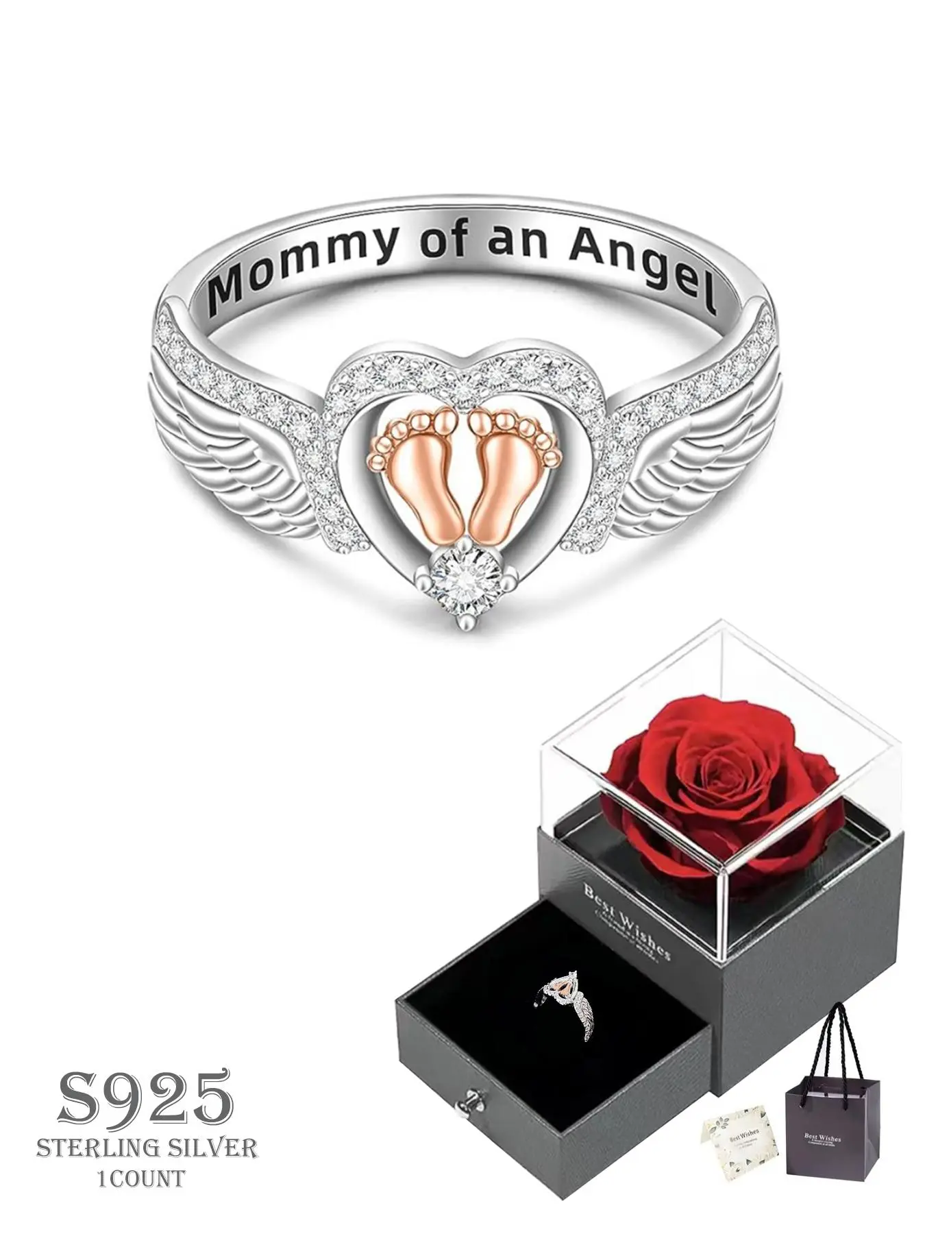 S925 Sterling Silver Angel Wing Design Artificial Gemstone Ring, Rhinestone Decorated Heart Shaped Ring, Heart & Footprint Decor Wedding Ring, Beautiful Rings, Jewelry Accessories for Women, love ring, Wedding Engagement Ring