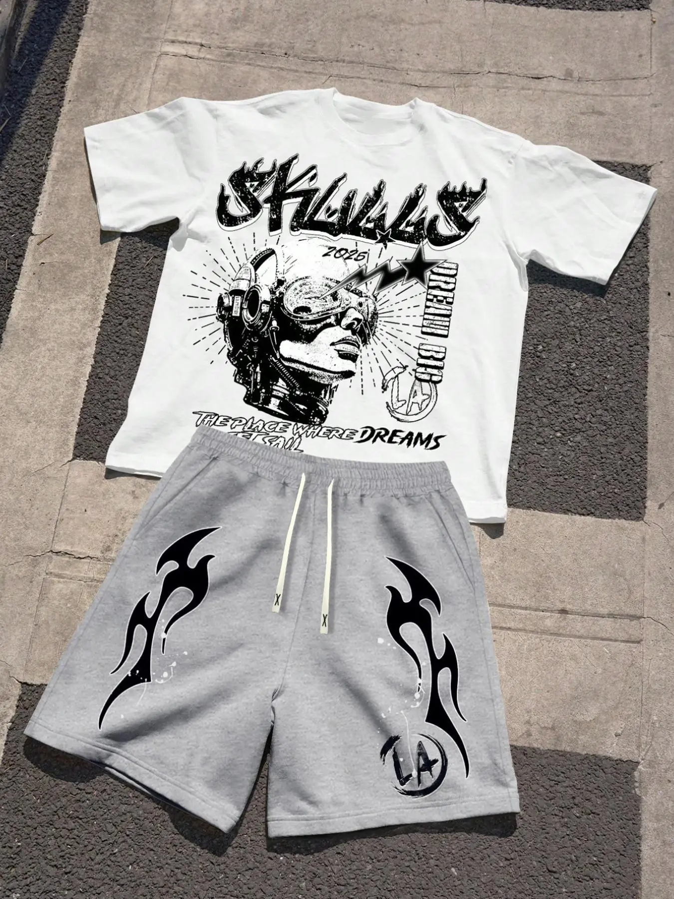 Men's Summer 2-Piece Set, Street Sports Style Letter Print T-Shirt and Outdoor Casual Drawstring Shorts, Fitted Outfit, Streetwear, Shorts Matching Set, Menswear