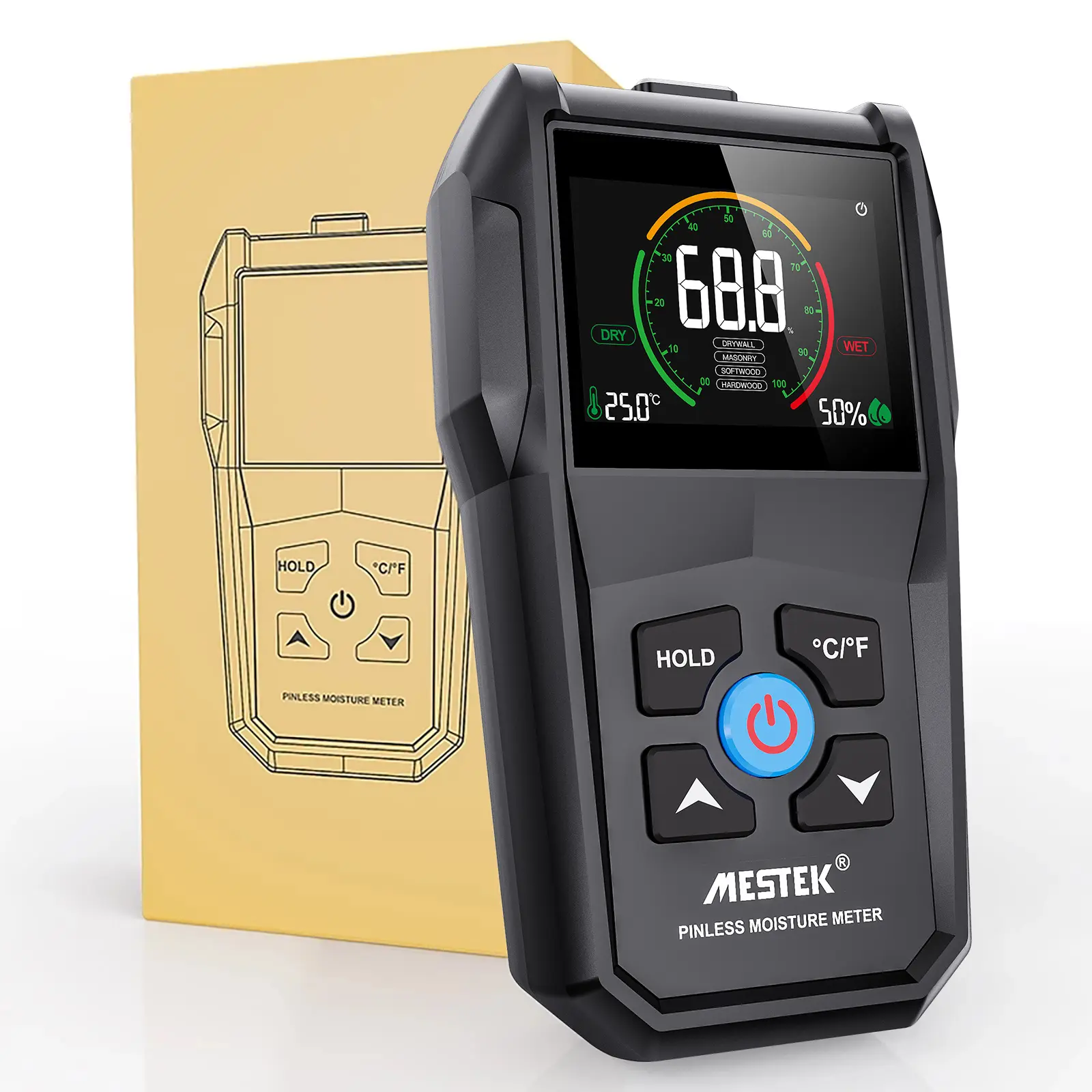 Mestek Wm700a Moisture Meter Detector, Pinless Moisture Meter with Alarm Function, for Wood Firewood Walls Drywall Lumber Paper Floor