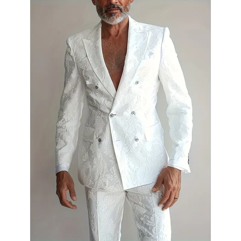 Men's Paisley Pattern Polyester Regular Fit Suede Finish Suit Set - Business Formal Workwear Tops, Spring/Autumn Wear, No Stretch, No Detailing, Menswear, Long Sleeve, Office Wear, Paisley Motif, Lapel, Full Length, Machine Washable, Do Not Dry Clean