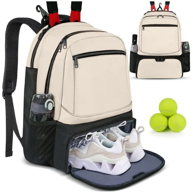Unisex Polyester Mesh Tennis Backpack, Sporty Gym Bag - Large Capacity, 1-2 Tennis/Badminton Racket Holders, Outdoor Sports Bag with Shoe Pocket, Beige, Mother's Day Gift, Sporty Gym Bags