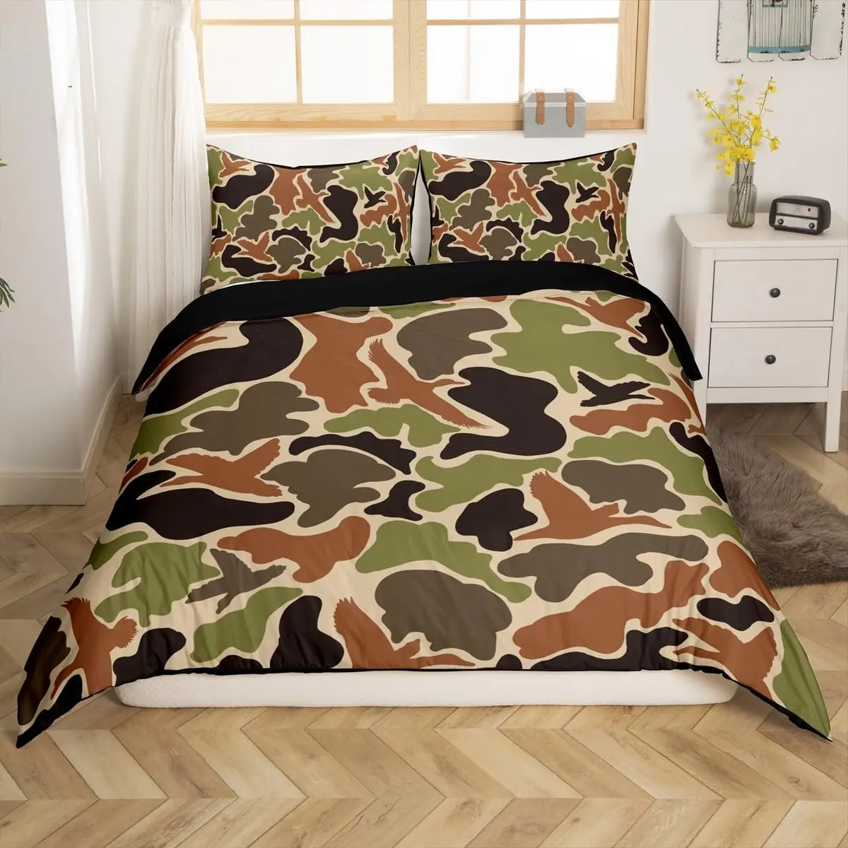 Feelyou Duck Hunter Microfiber Duvet Cover Set - Black Brown Green Camo Army Design, Breathable Wild Bedding, Soft, No Comforter, Military Bedroom Decor, Gifts for the Bedroom, Microfiber Bedding Set, Soft Bedding Sets