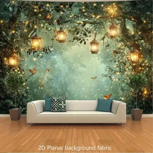 1pc 2D Flat Enchanted Nighttime Forest Tapestry - Magical Woodland Backdrop with Glowing Lanterns & Birds, Self-Adhesive Party Decor for Birthday, Wedding, Photo Booth - No Electricity Needed, E Decoration White