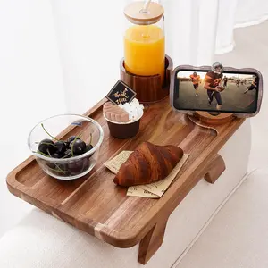 Bamboo Acacia Sofa Wood Arm Tray Table with 360° Phone Holder & Cup Holder Foldable Round Couch Side Table for Eating Drink Snacks Coffee TV Remote Living Room Home