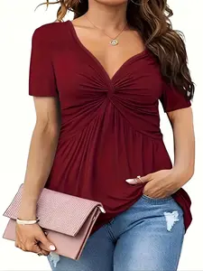 【Plus Size】 Solid Twist Front V Neck Tee, Elegant Casual Short Sleeve T-shirt for Summer, Casual Fashionable Top, Women's Plus Clothing for Daily Wear, Lady