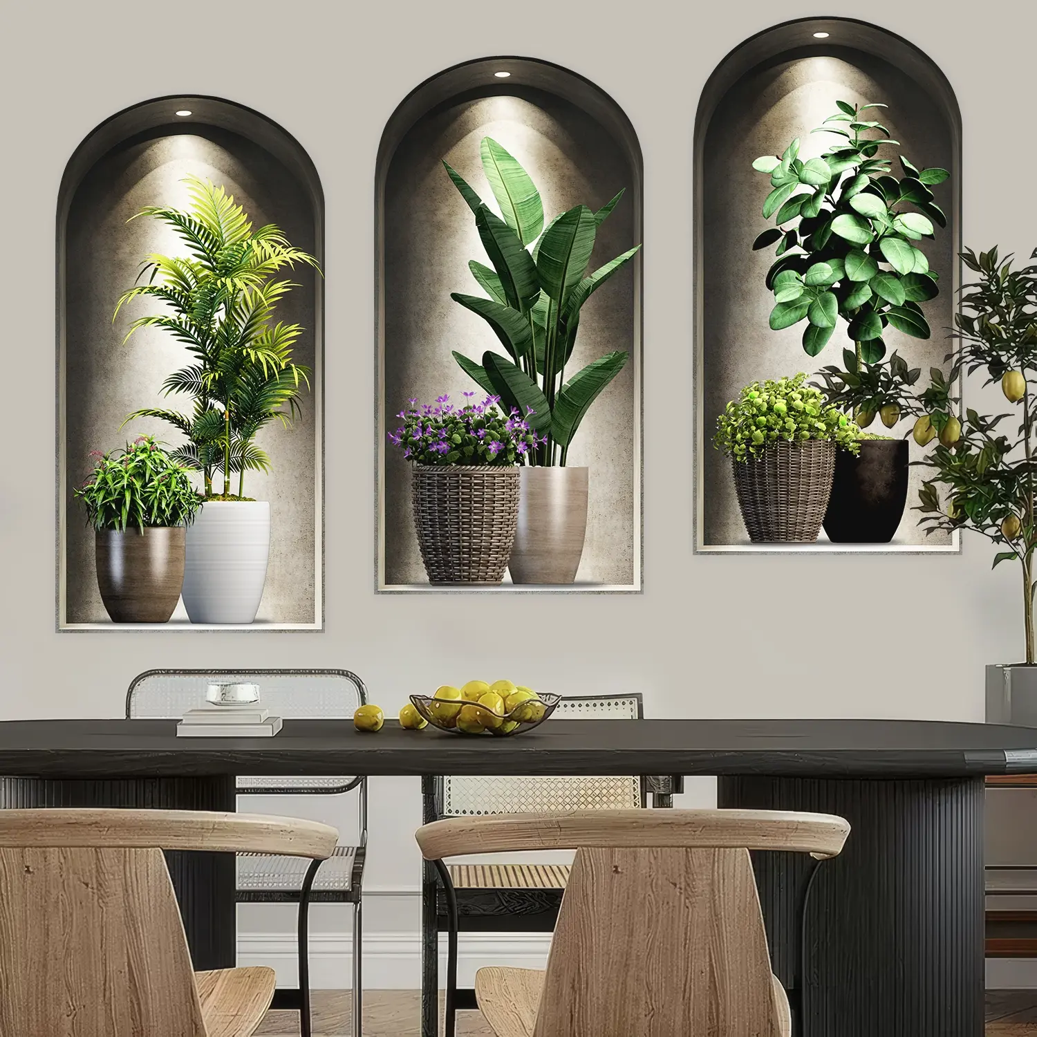 3-piece set, Nordic green plant themed simulated arched window flower basin wall sticker, self-adhesive removable sticker, suitable for wall decoration in living rooms, dining rooms, and study rooms, Home Decor, Decorative Stickers, Wall decals