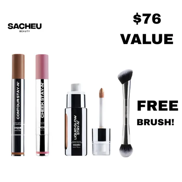 sacheu Soft Glow STAY-N Trio | FREE Cheek & Contour Brush Included | Blush, Contour & Liquid Highlighter Trio | Soft Glam Everyday Set