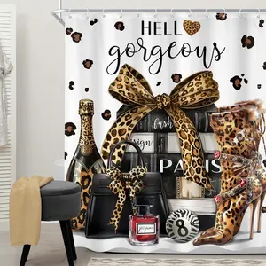 Leopard print fashion and modern, including luxury magazines, books, perfume and high heels, perfect decoration shower curtain for girls' bathroom, perfect for bathroom decoration, beautification of space, free hook, Bathroom Decoration Accessories