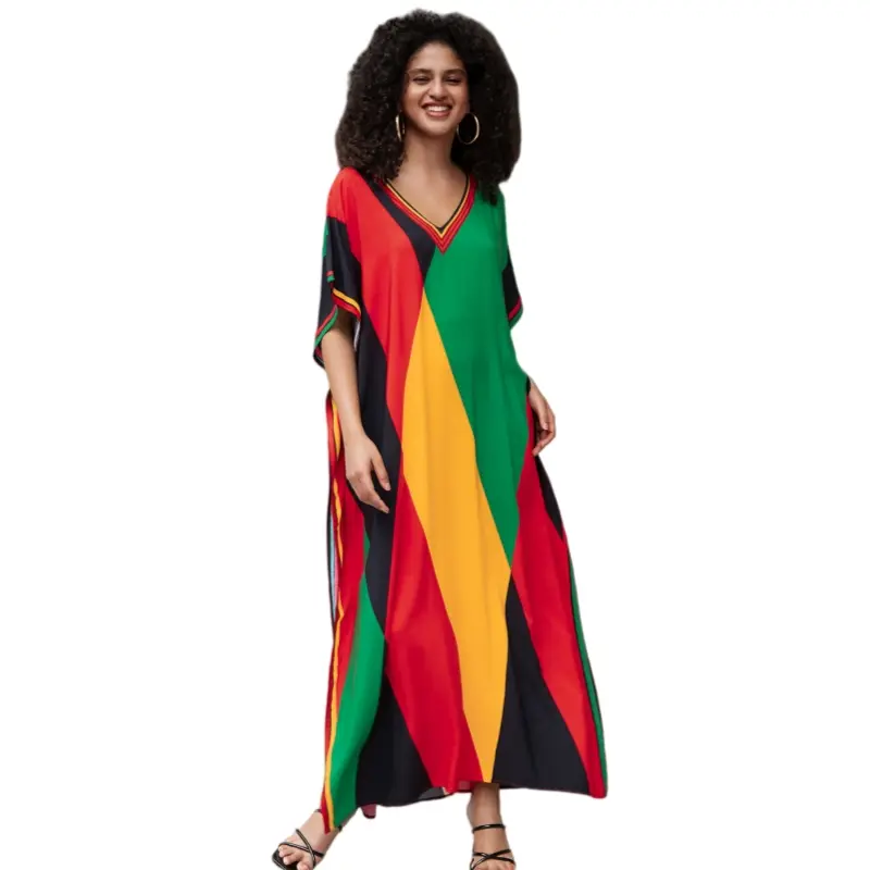 Bohemian Ethnic Print Caftan for Women, Soft Breathable Viscose Maxi Dress, Plus Size Batwing Sleeve Beach Cover Up, Lightweight Resort Wear, Swimsuit, Fabric, Evening, Elegant, All Over Print, S To 2Xl, Split, Elegance, V-Neck, Digital Print