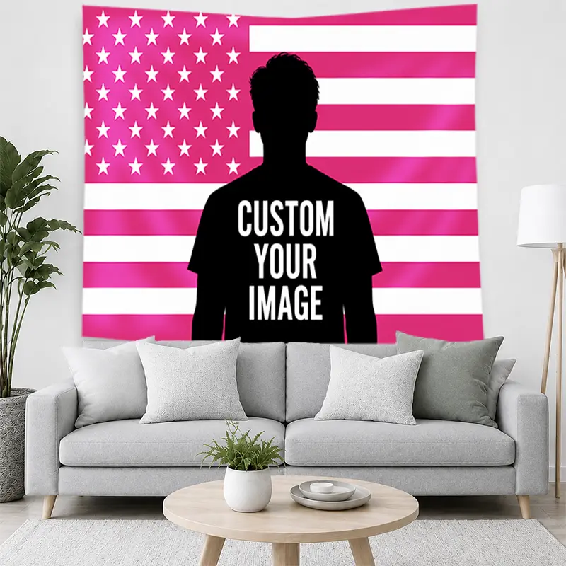 Custom Rectangular Pink American Flag Polyester Tapestry - Personalized Pink-White-Black Patriotic Wall Hanging with Photo Upload, Gentle Iron Home Decor, Flags for Room, Wall Decor Bedroom, Birthday Gift for Living Room