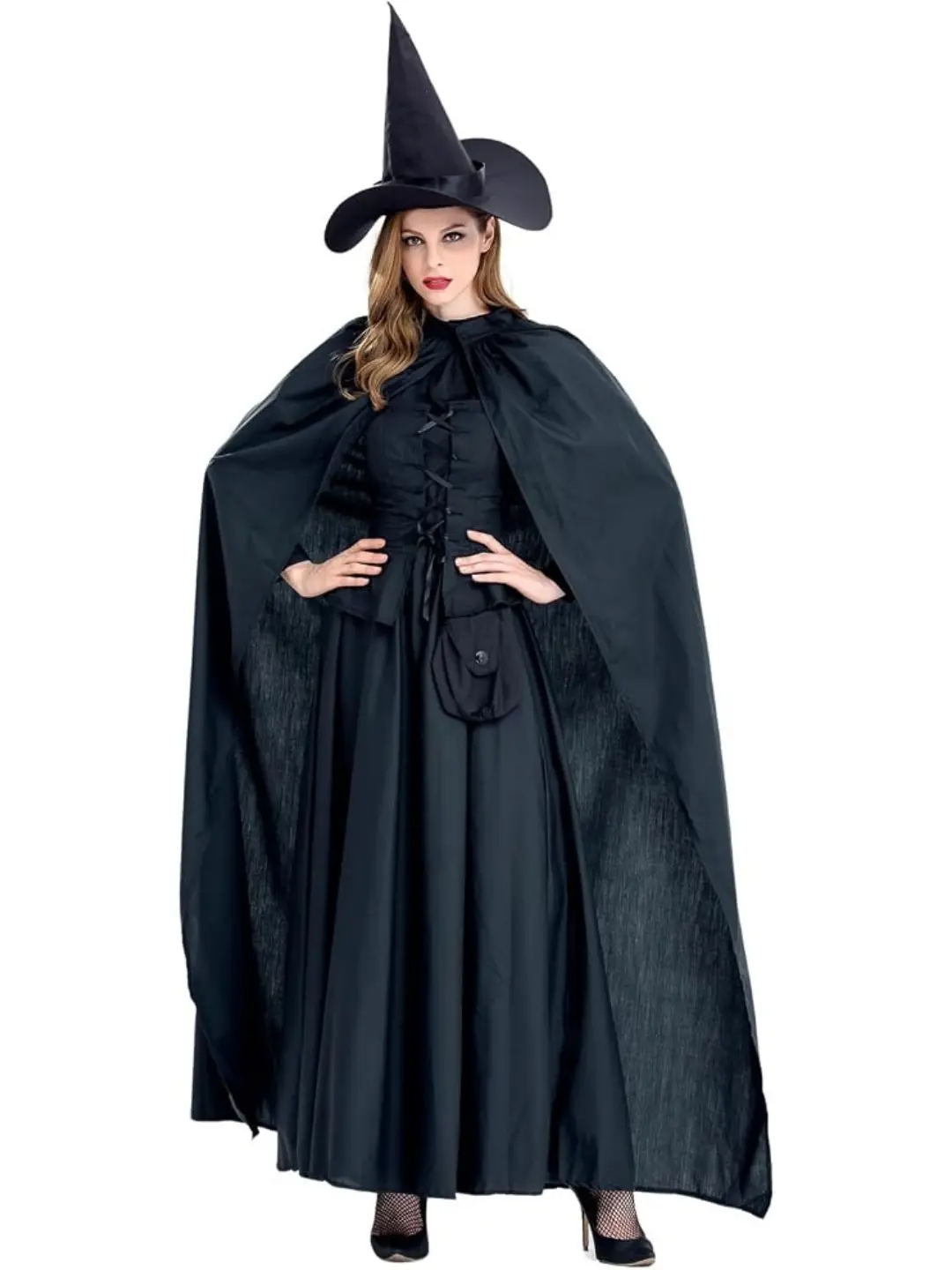 Halloween Witch Costume with Black Cape and Pointed Hat for Women
