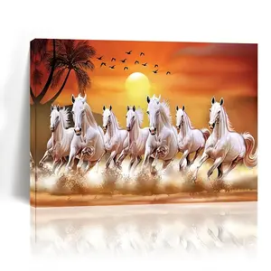 Seven Lucky Horses Pattern Framed Painting, 1 Piece Creative Canvas Wall Art, Modern Home Living Room Bedroom Study Decoration