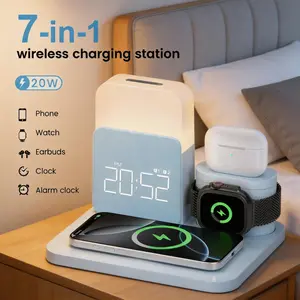 7-in-1 magnetic portable charger  LED night light clock USB-A/USB-C charger wireless charger charging station  magnetic phone charger supports MagSafe fast charging chargers for iphone compatible with iPhone/Android/Apple Watch/AirPods mini speaker