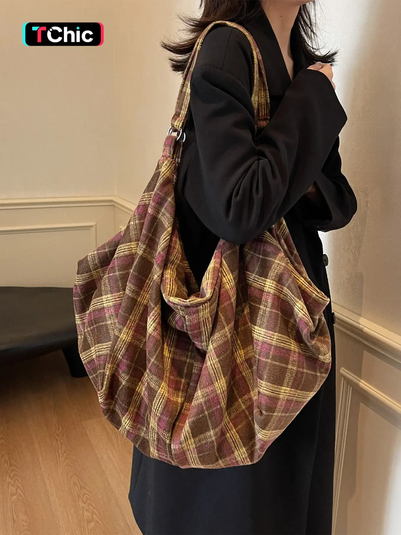Autumn Winter Fashion Plaid Pattern Denim Shoulder Bag, Fashionable Patterned Bag, Large Capacity Crossbody Backpack, Casual Style for Commute, Travel, Hiking, Shopping